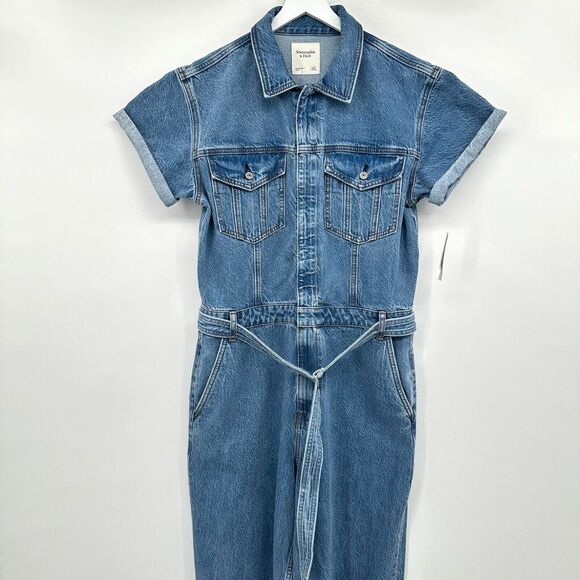 Abercrombie Fitch 90s Relaxed Denim Jumpsuit Size Large Tall LT Straight Leg New - Picture 2 of 16
